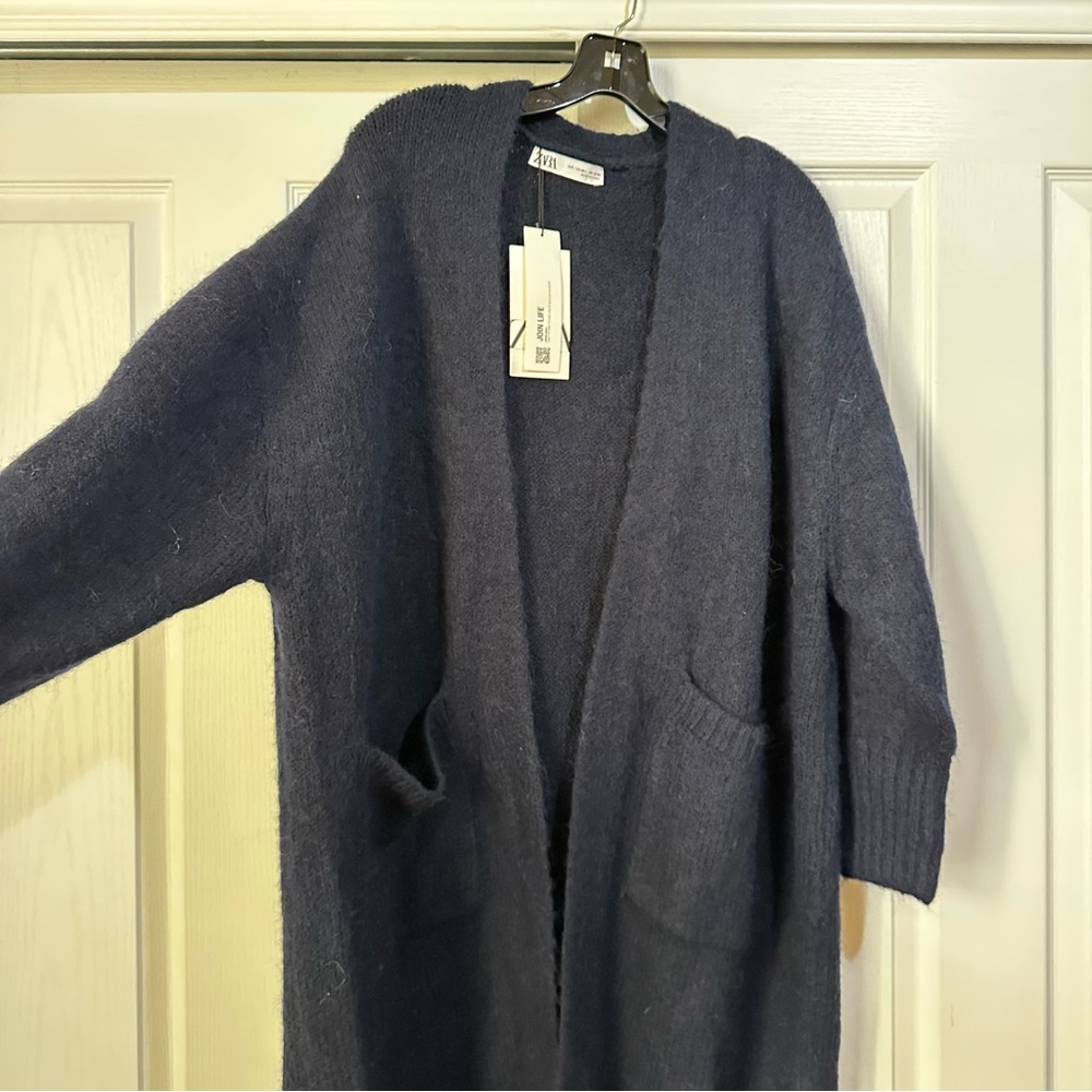 New Zara $69 Wool Blend Navy Blue Long Cardigan with Pockets Medium Large - Picture 7 of 13